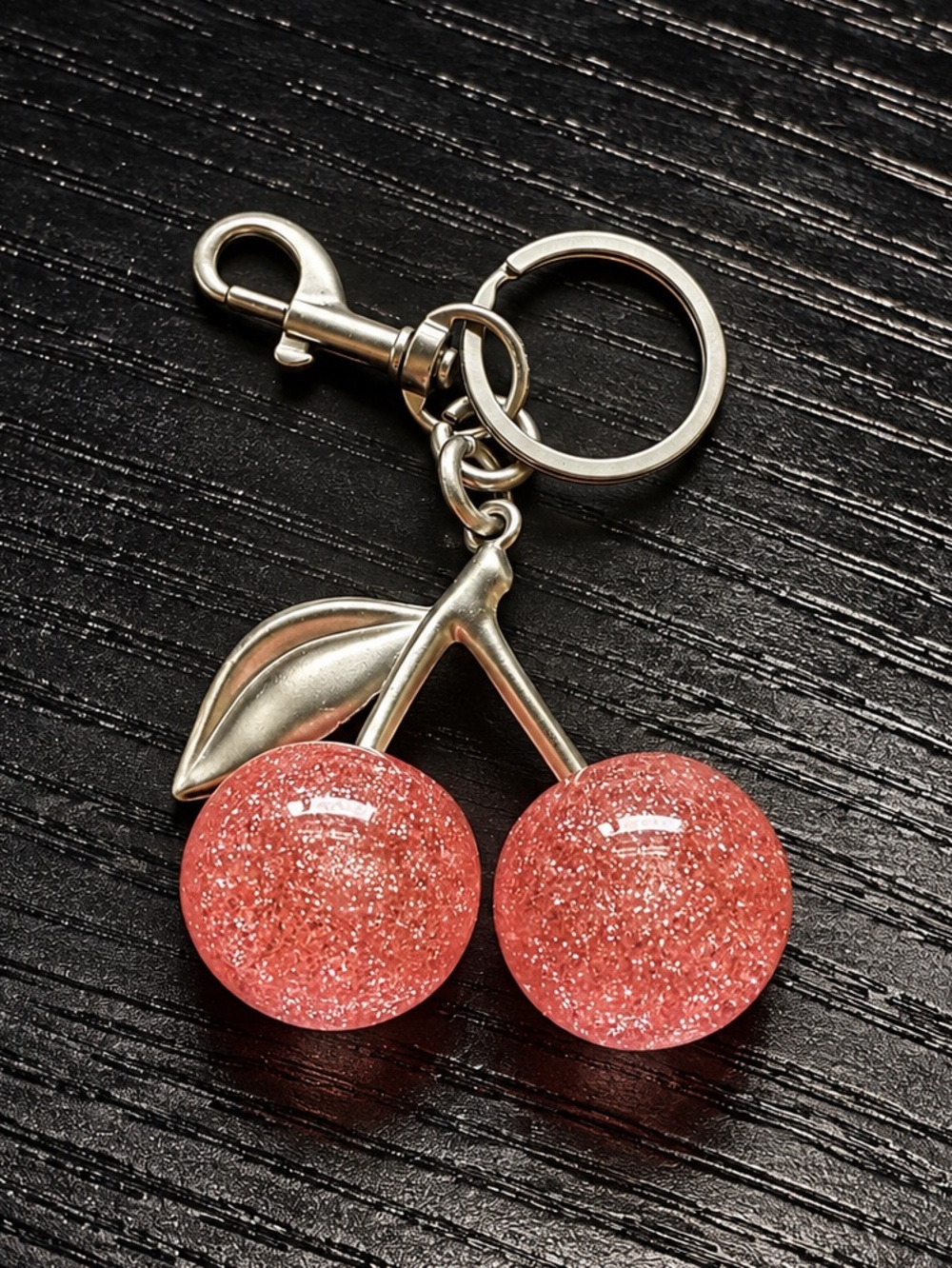 Large Pink Glitter Cherry Bag Charm – Silver Tone Hardware
